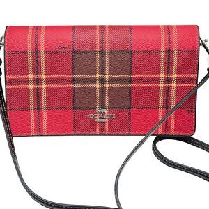 Coach Anna Foldover Crossbody Bag Tartan Plaid Red Black Coated Canvas Leather